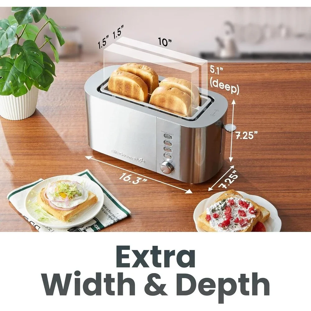 Elite Cuisine ECT4123 Long Slot 4 Slice Toaster, Extra Large Slots for Bagels